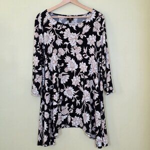 JM Collection Tunic Women 2X Black Beige Floral 3/4 Sleeve Shark Bite Whimsigoth